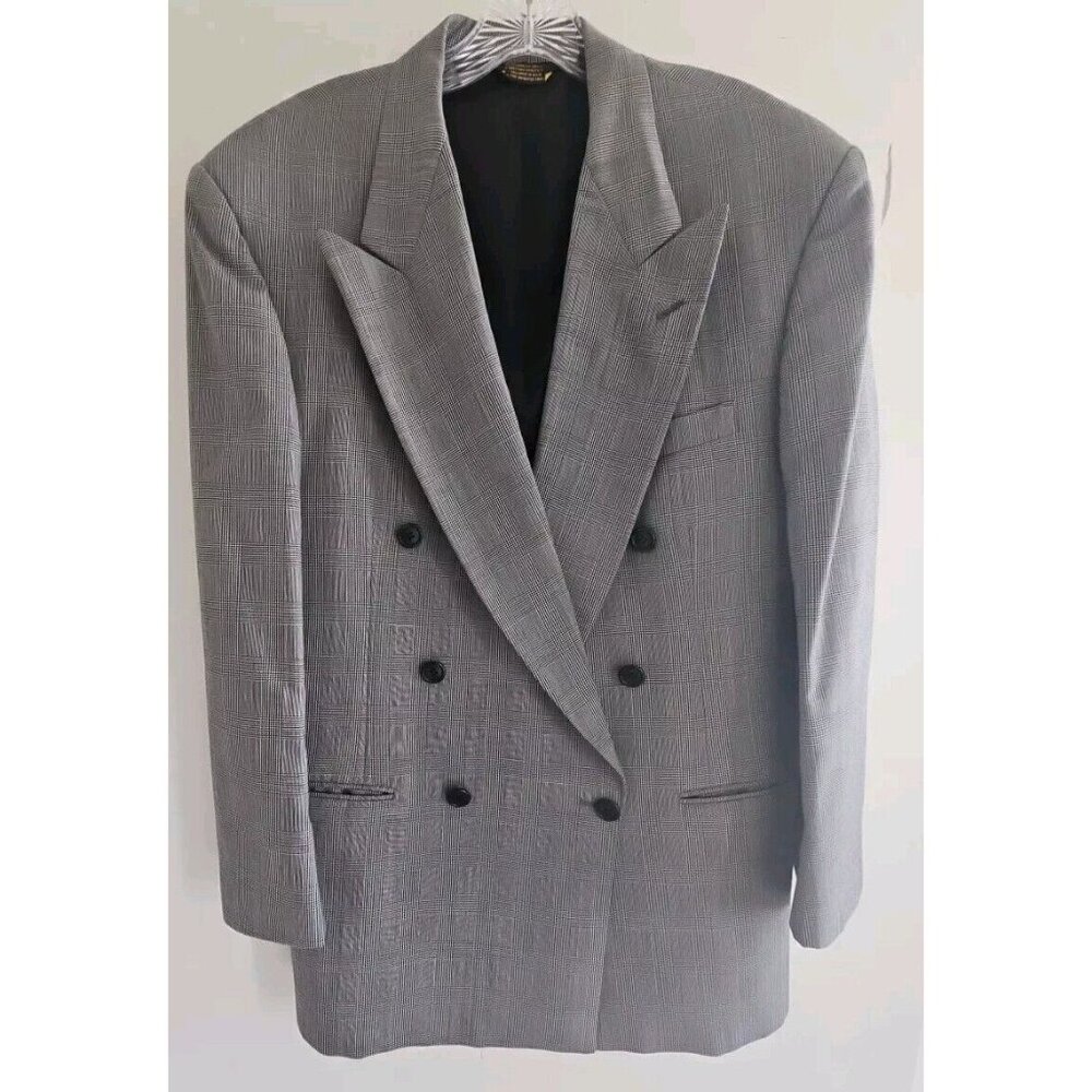 Nino Cerruti Rue Royal Double Breasted Glen Check Plaid 100% Wool Size 44R